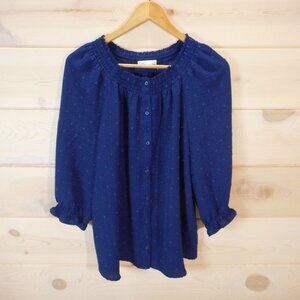 Croft & Barrow Women size M Blouse Smocked Neck Swiss Dot Navy Blue Shirt